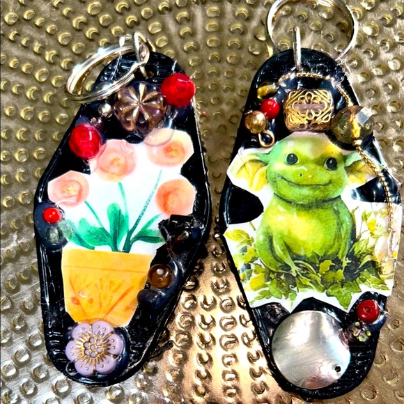 Hand Crafted Other - Unique Black retro motel Key rings with Floral and Green Character Design